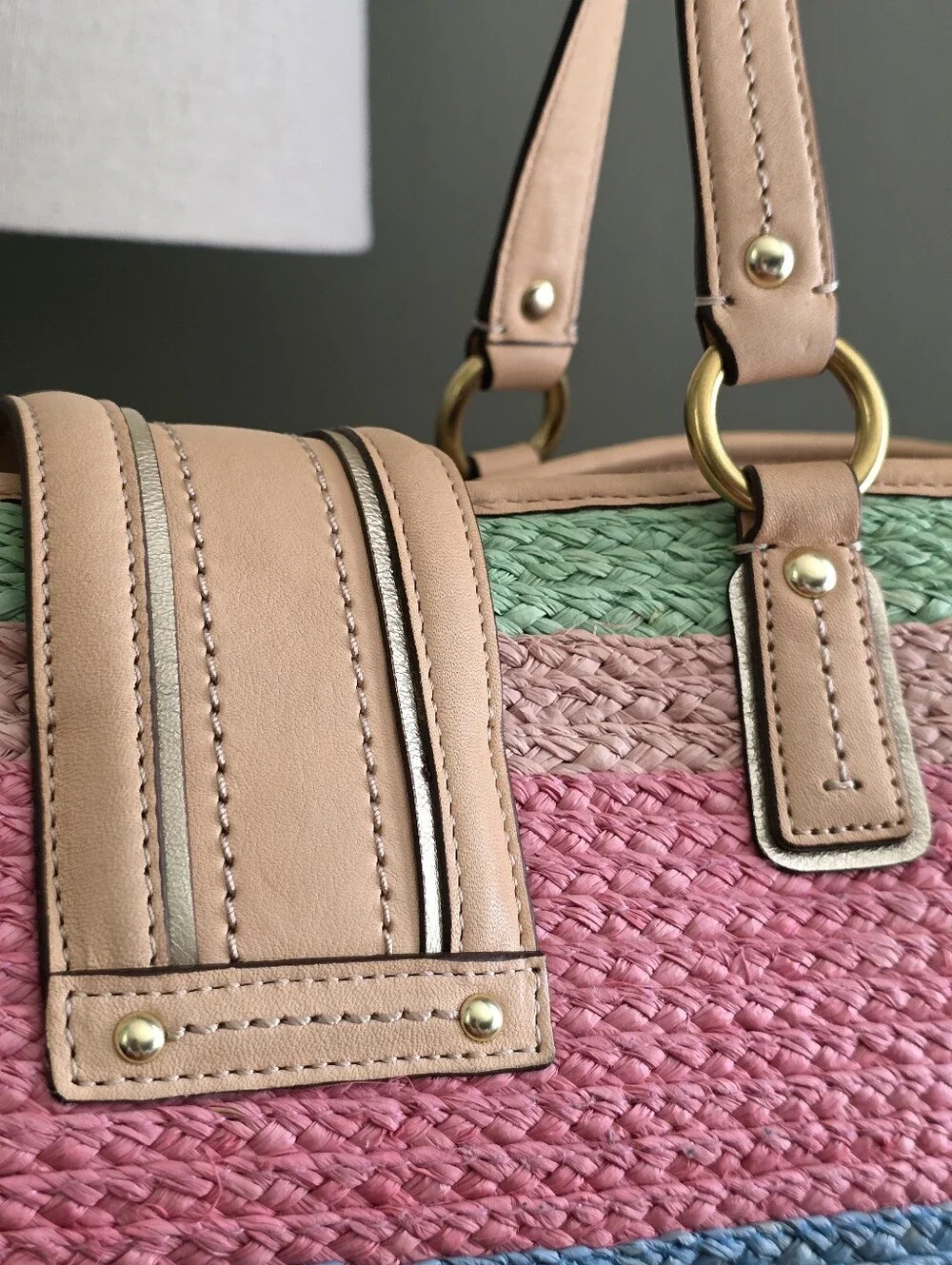 Coach 19361 Hamptons Multicolor Striped Straw Tote Bag Pink Blue Tan Leather Y2K